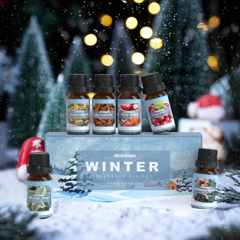 2024Winter Essential Oils Set, ARVIDSSON Holiday Fragrance Oil for Diffuser, Cinnamon, Christmas Wreath, Apple Cider, Gingerbread, Cranberry, Winter Mint Scented Oils for Home