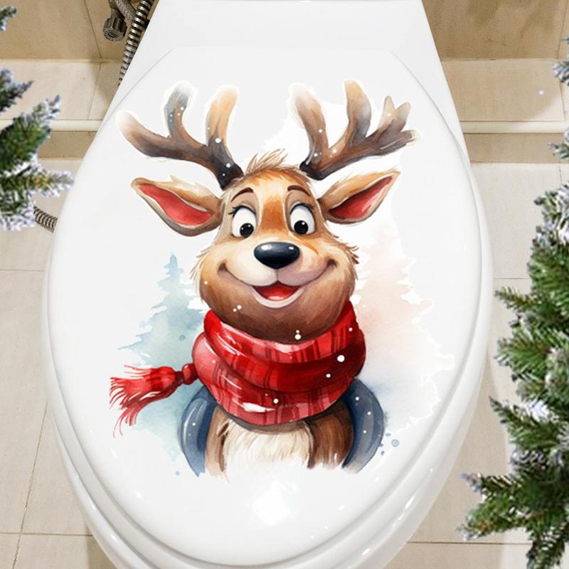 Cartoon Reindeer Pattern Toilet Lid Sticker, 1 Count Self Adhesive Toilet Lid Decal, Bathroom Decoration Supplies for Home Hotel Salon Dormitory