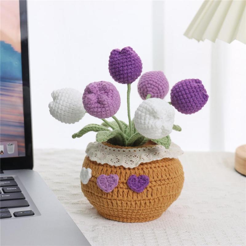 Room Decor Indoor Plants Handmade Crochet Tulip Potted Plant, 1 Count Knitting Tulip Potted Plant, Christmas 2024 Ornament, Tulips Artificial Crochet Bouquet Desktop Decoration for Home Office, Gift for Friend & Family