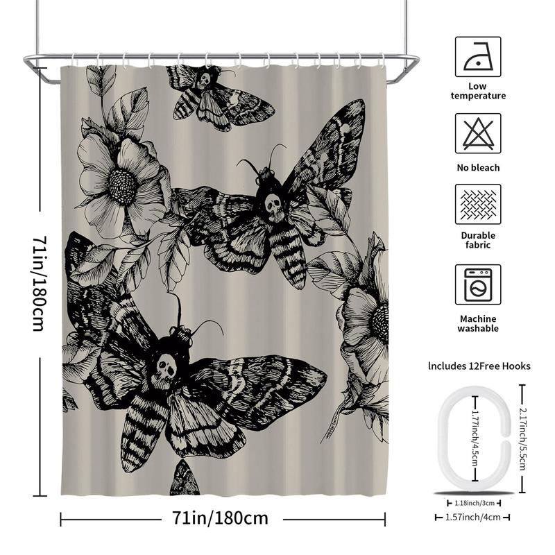 Gothic Skeleton Moth & Flower Pattern Shower Curtain, 1 Count Waterproof Bathroom Curtain with 12pcs Hooks, Bathroom Decor Supplies for Home Hotel Salon