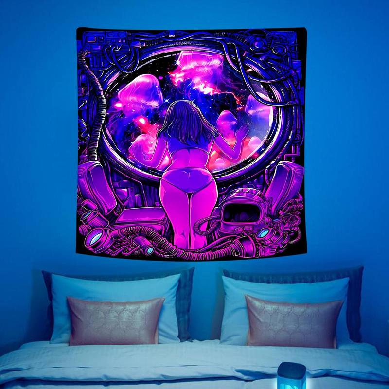 Creative Galaxy Space Girl Pattern Fluorescent Hanging Tapestry Room Decor, UV Blacklight Hanging Tapestry, Home Decor Background Decor for Home Living Room Bedroom Dormitory, Home Decor, Fall Decor