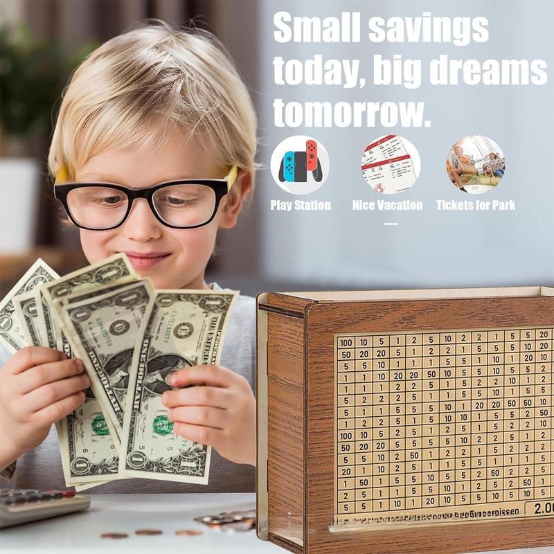 Money Saving Box for Cash & Coins, Portable Cash Storage Case with Reusable Erasable Acrylic Counting Panel, Cash Vault with $10000 Target Challenge, Wooden Bank Decor Ornaments, Christmas gift.