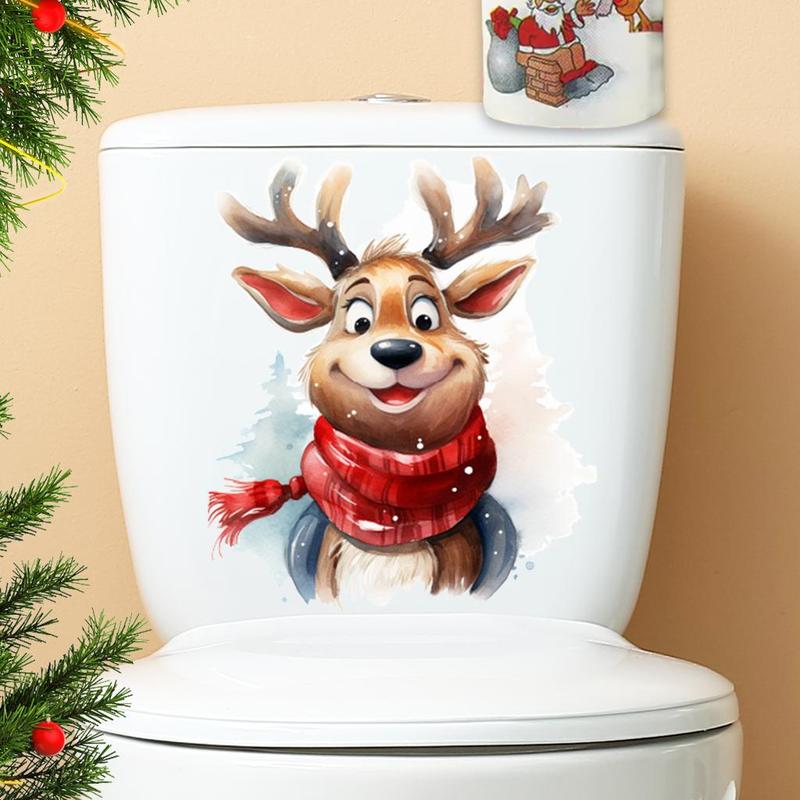 Cartoon Reindeer Pattern Toilet Lid Sticker, 1 Count Self Adhesive Toilet Lid Decal, Bathroom Decoration Supplies for Home Hotel Salon Dormitory