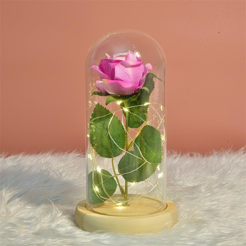 LED Light Artificial Rose Ornaments with Lid, 1 Count Eternal Rose Toy, LED Immortal Flower with Acrylic Cover, Simulation Flower Gifts, Spring Home Decor, Desktop Decorative Ornament, Gifts for Her