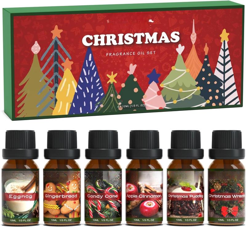 Christmas Fragrance Oils, Premium Essential Oil for Diffuser, Scented Oil Gift Set for Soap Candle Making - Christmas Wreath, Apple Cinnamon, Gingerbread, Candy Cane, Christmas Pudding, Eggnog