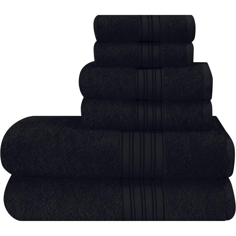 6 Pack Cotton Towel Set, Contains 2 Bath Towels 28x55 inch, 2 Hand Towels 16x24 inch & 2 Wash Coths 12x12 inch, Ideal Everyday use, Ultra Soft Compact & Lightweight - Black