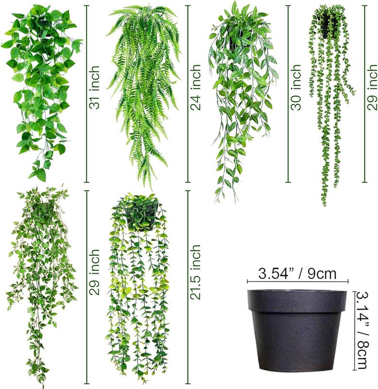 Hanging  6 Pack Artificial Hanging Eucalyptus  Potted Greenery Faux Mandala Vine String of  Boston Fern Ivy Vine Leaves Pea Pod for Home Indoor Outdoor Shelf Wall Decor