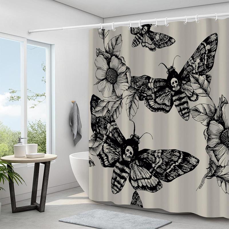 Gothic Skeleton Moth & Flower Pattern Shower Curtain, 1 Count Waterproof Bathroom Curtain with 12pcs Hooks, Bathroom Decor Supplies for Home Hotel Salon