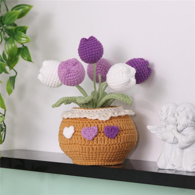 Room Decor Indoor Plants Handmade Crochet Tulip Potted Plant, 1 Count Knitting Tulip Potted Plant, Christmas 2024 Ornament, Tulips Artificial Crochet Bouquet Desktop Decoration for Home Office, Gift for Friend & Family