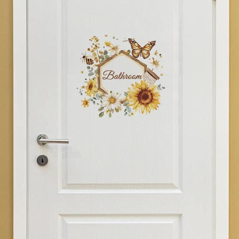 Floral & Butterfly Pattern Bathroom Door Sticker, Self-adhesive Wall Decal, Decorative Sticker for Home Bathroom Bedroom