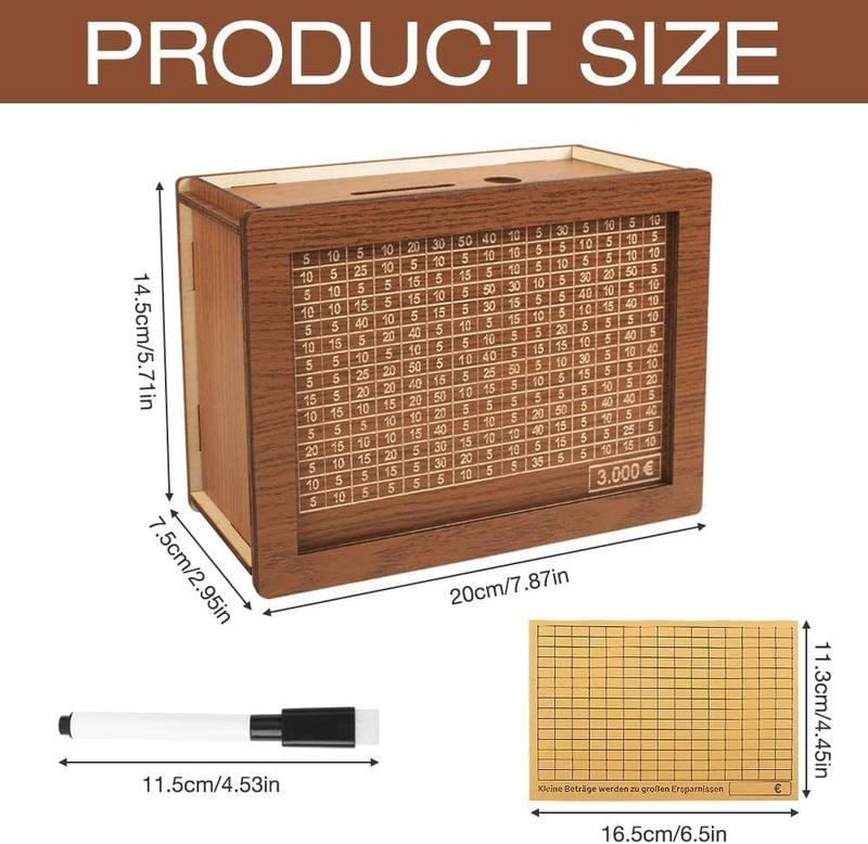 Money Saving Box for Cash & Coins, Portable Cash Storage Case with Reusable Erasable Acrylic Counting Panel, Cash Vault with $10000 Target Challenge, Wooden Bank Decor Ornaments, Christmas gift.