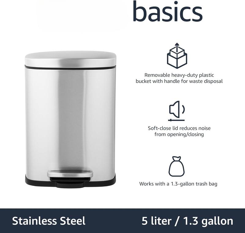 Anti smudging small rectangular trash can with soft closing foot pedal, brushed stainless steel, 5 liters 1.32 gallons, 7.3 x 8.5 x 11.8 inches (length x width x height)