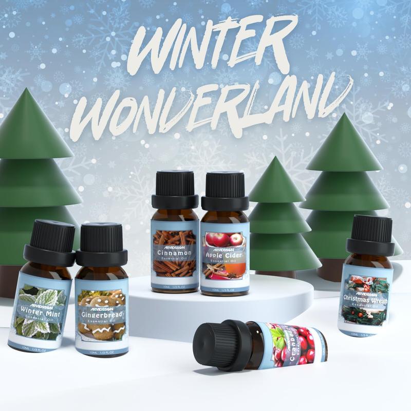 2024Winter Essential Oils Set, ARVIDSSON Holiday Fragrance Oil for Diffuser, Cinnamon, Christmas Wreath, Apple Cider, Gingerbread, Cranberry, Winter Mint Scented Oils for Home