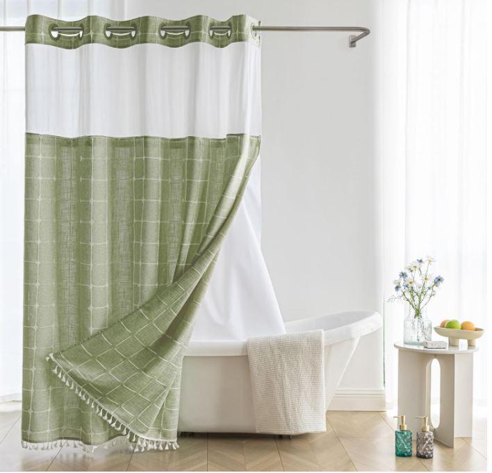 Sage Green Farmhouse Shower Curtain with Snap-in Liner, No Hooks Needed,with Magnets,with Tassels,Water Repellent&Machine Washable,71x74Inch