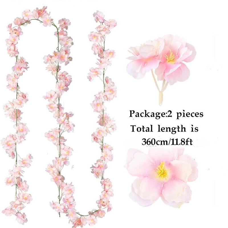 Artificial Cherry Blossom Flower Vines (2pcs), Fake Flower Garland, Hanging Silk Flower Vines for Home Wedding Party Japanese Kawaii Decor