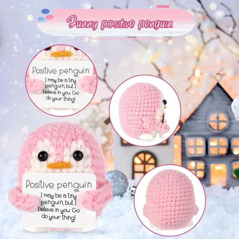 Cute Positive Penguin Crochet Kit, 2 Counts set Handmade Penguin Ornament with Positive Card, Home Decor for Living Room Bedroom Office