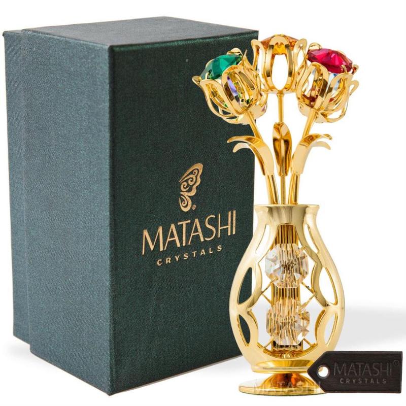 Matashi Best Gift for Mom 24K Gold Plated Flowers Bouquet and Vase Ornament with Crystals Home Decorative Tabletop Decorations Showpiece for Living Room Bedroom Gift for Mother's Day, Birthday