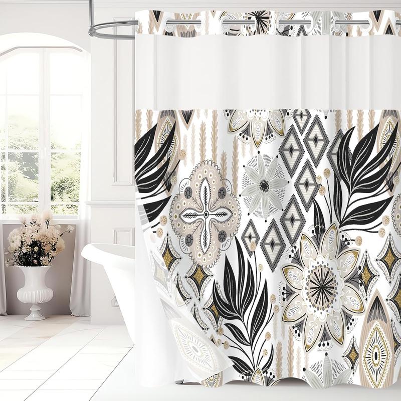 No Hooks Needed Boho Floral Shower Curtain Set with Snap-in Liner, Modern Abstract Flower Fabric Cloth Shower Curtain for Rustic Vintage Hotel Spa Bathroom Decor, 72 x 74