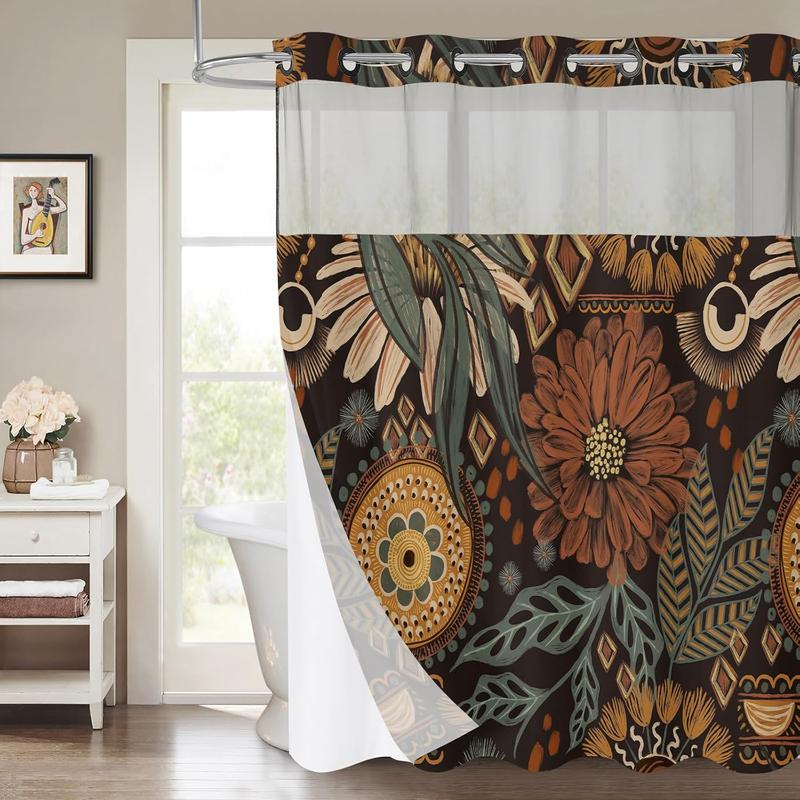 No Hooks Needed Boho Floral Shower Curtain Set with Snap-in Liner, Modern Abstract Flower Fabric Cloth Shower Curtain for Rustic Vintage Hotel Spa Bathroom Decor, 72 x 74