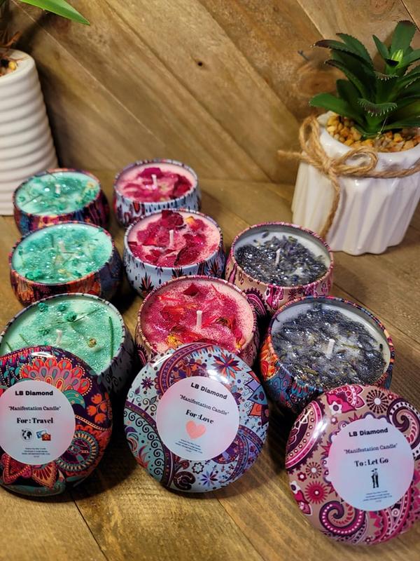 Manifestation Candles For Love, Abundance, Clarity, Spiritual Cleanse, Healing, reiki energy, herbs, and organic soy Wax Colorful Decor