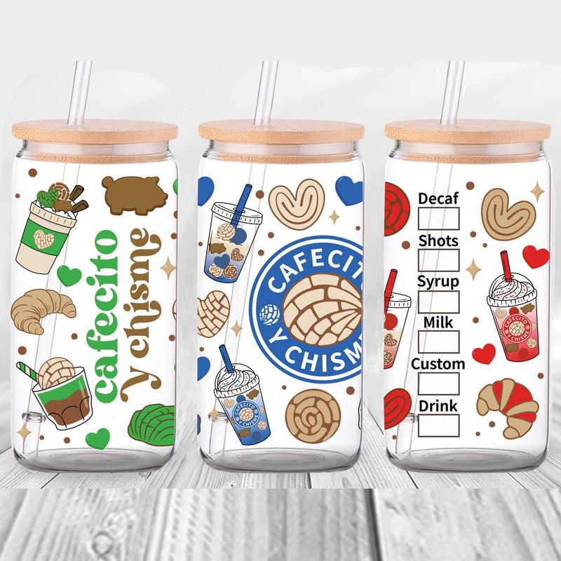 Cartoon Food & Flower Pattern Sticker, 4 Counts Set Coffee Cup UV DTF High Self-adhesive Wrap, Waterproof Decorative Sticker for Coffee Cup, Glass Jar, Bottle, Cup, DIY Decorative Sticker