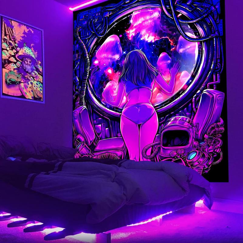 Creative Galaxy Space Girl Pattern Fluorescent Hanging Tapestry Room Decor, UV Blacklight Hanging Tapestry, Home Decor Background Decor for Home Living Room Bedroom Dormitory, Home Decor, Fall Decor