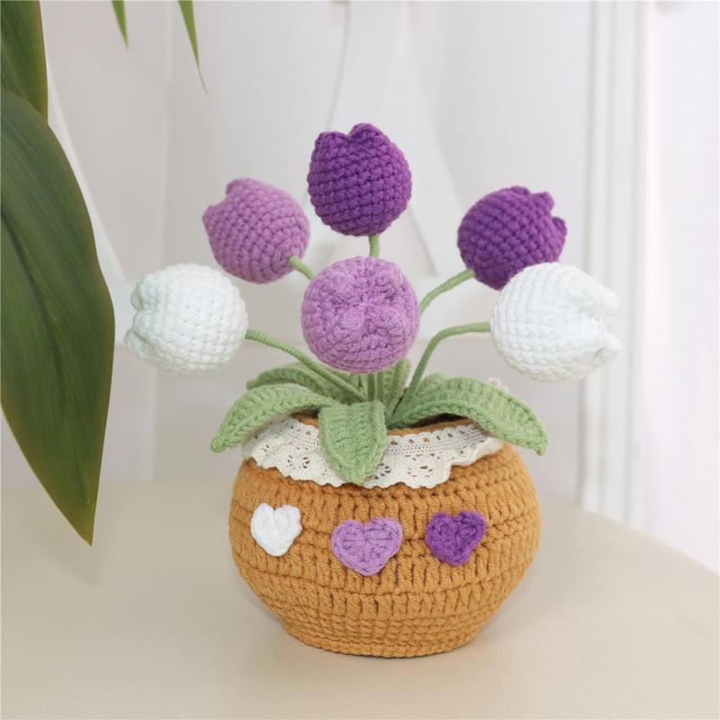 Room Decor Indoor Plants Handmade Crochet Tulip Potted Plant, 1 Count Knitting Tulip Potted Plant, Christmas 2024 Ornament, Tulips Artificial Crochet Bouquet Desktop Decoration for Home Office, Gift for Friend & Family