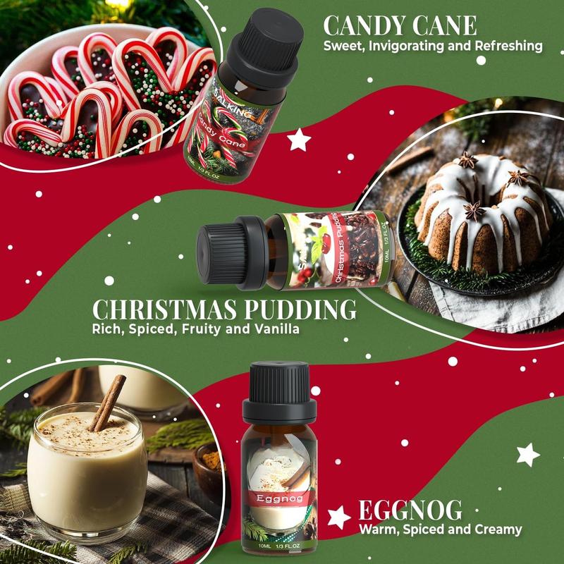 Christmas Fragrance Oils, Premium Essential Oil for Diffuser, Scented Oil Gift Set for Soap Candle Making - Christmas Wreath, Apple Cinnamon, Gingerbread, Candy Cane, Christmas Pudding, Eggnog