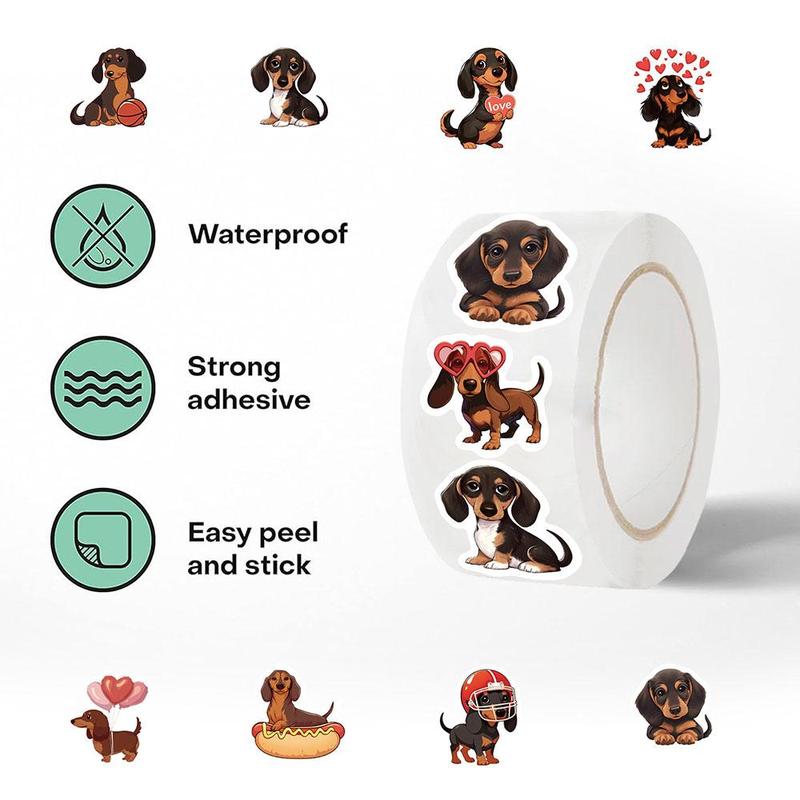 Cartoon Dachshund Dog Pattern Sticker (500pcs roll), Waterproof Decorative Sticker, DIY Decal for Gift Greeting Card Water Bottle Laptop Phone