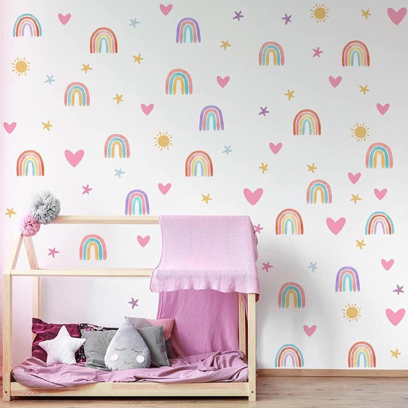 Rainbow & Heart Pattern Wall Sticker, 4 Sheets set Self Adhesive Wall Decal, Decorative Sticker for Home Bedroom Living Room