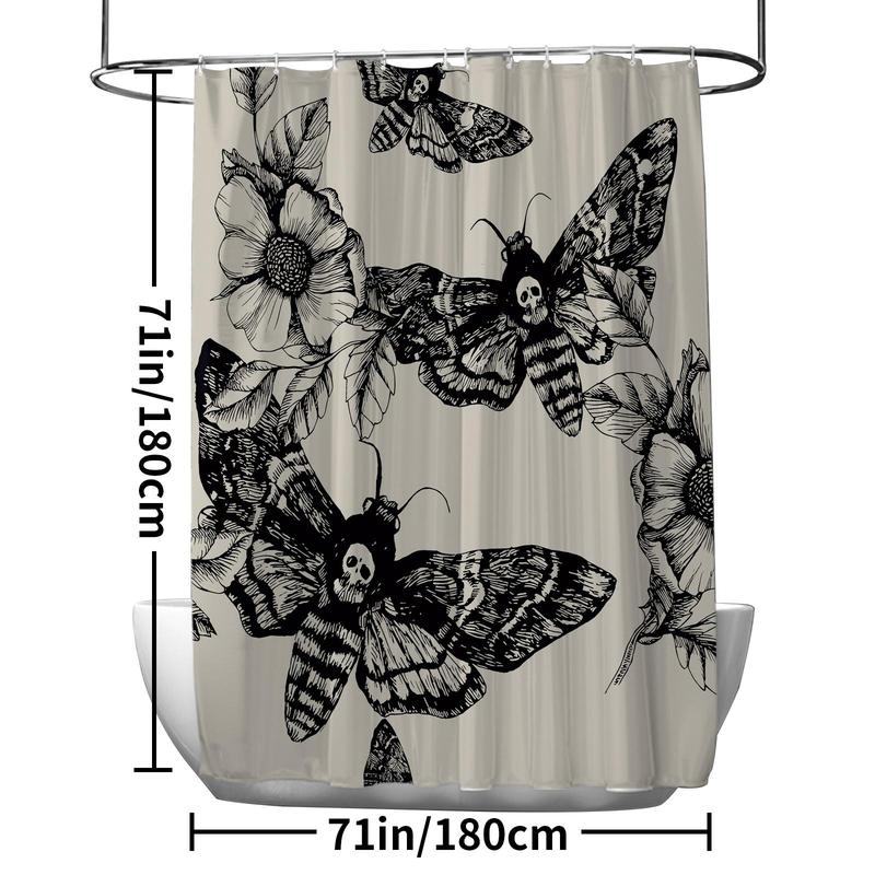 Gothic Skeleton Moth & Flower Pattern Shower Curtain, 1 Count Waterproof Bathroom Curtain with 12pcs Hooks, Bathroom Decor Supplies for Home Hotel Salon