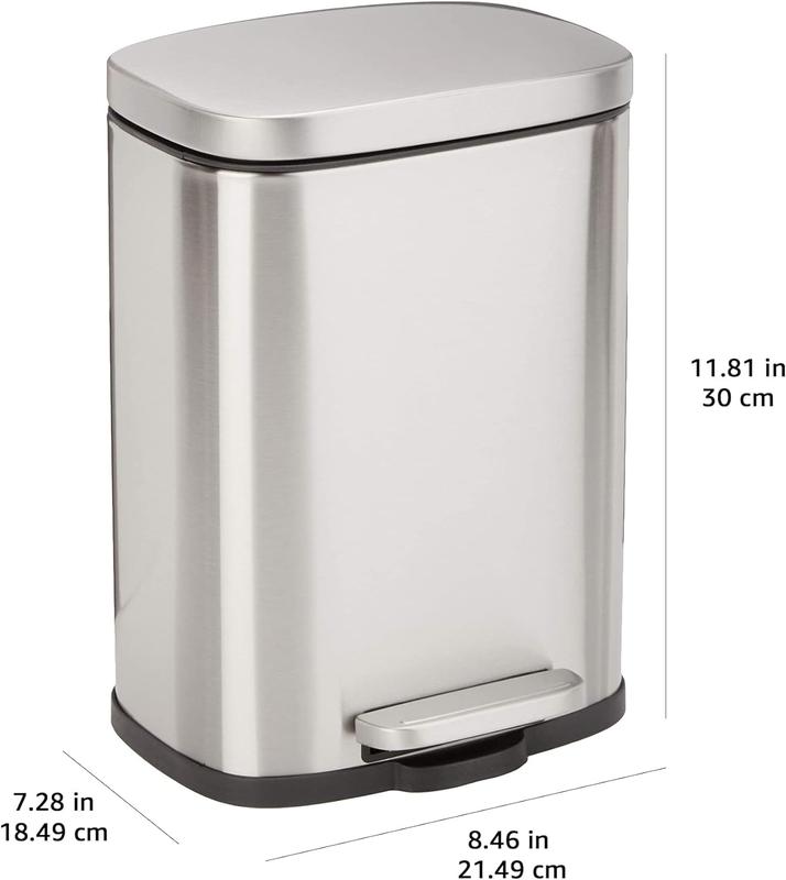 Anti smudging small rectangular trash can with soft closing foot pedal, brushed stainless steel, 5 liters 1.32 gallons, 7.3 x 8.5 x 11.8 inches (length x width x height)