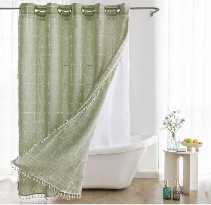 Sage Green Farmhouse Shower Curtain with Snap-in Liner, No Hooks Needed,with Magnets,with Tassels,Water Repellent&Machine Washable,71x74Inch