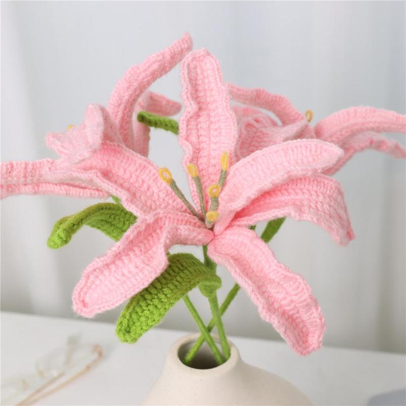 Artificial Lily Flower, 3 Counts Handmade Crochet Flower Stick, Decorative Flowers for Home Party Wedding Anniversary Festival, Room Decor, Christmas 2024 Ornament, Christmas Gift Ideas, Stocking Stuffers