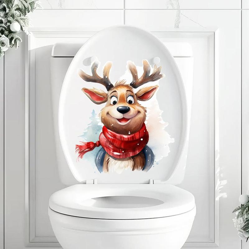 Cartoon Reindeer Pattern Toilet Lid Sticker, 1 Count Self Adhesive Toilet Lid Decal, Bathroom Decoration Supplies for Home Hotel Salon Dormitory