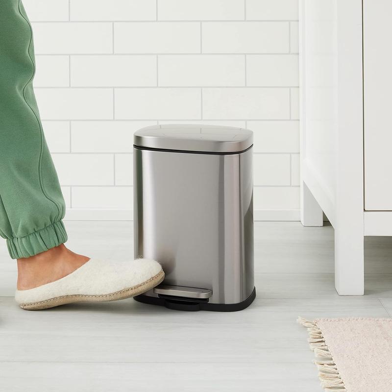 Anti smudging small rectangular trash can with soft closing foot pedal, brushed stainless steel, 5 liters 1.32 gallons, 7.3 x 8.5 x 11.8 inches (length x width x height)