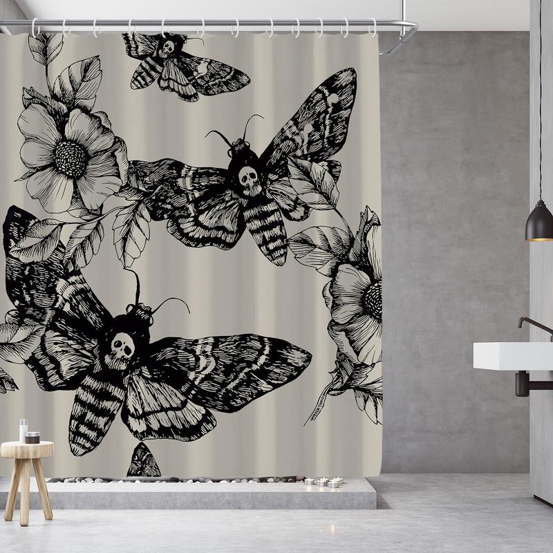 Gothic Skeleton Moth & Flower Pattern Shower Curtain, 1 Count Waterproof Bathroom Curtain with 12pcs Hooks, Bathroom Decor Supplies for Home Hotel Salon