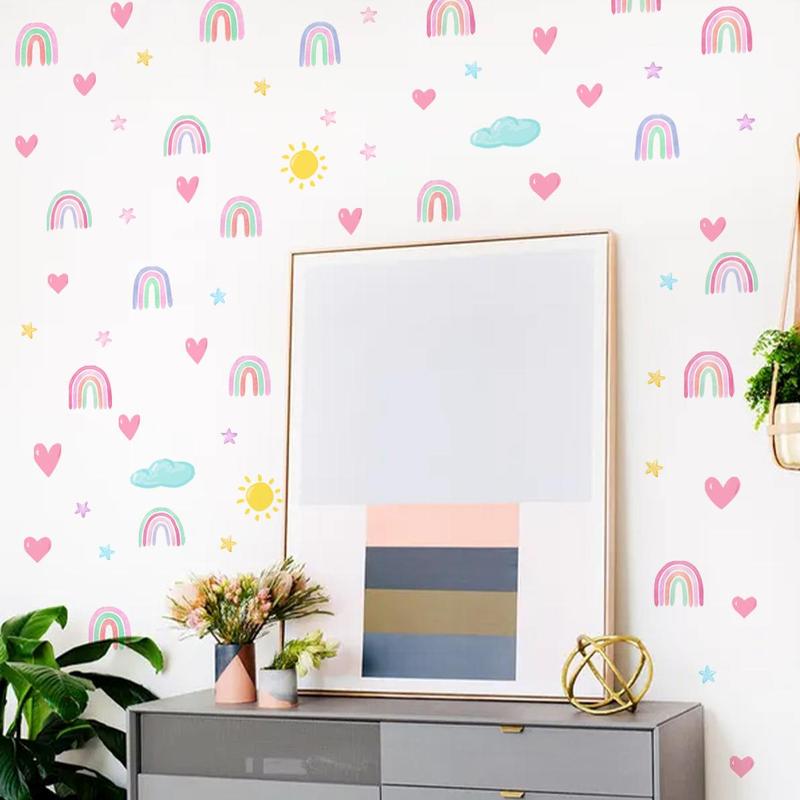 Rainbow & Heart Pattern Wall Sticker, 4 Sheets set Self Adhesive Wall Decal, Decorative Sticker for Home Bedroom Living Room