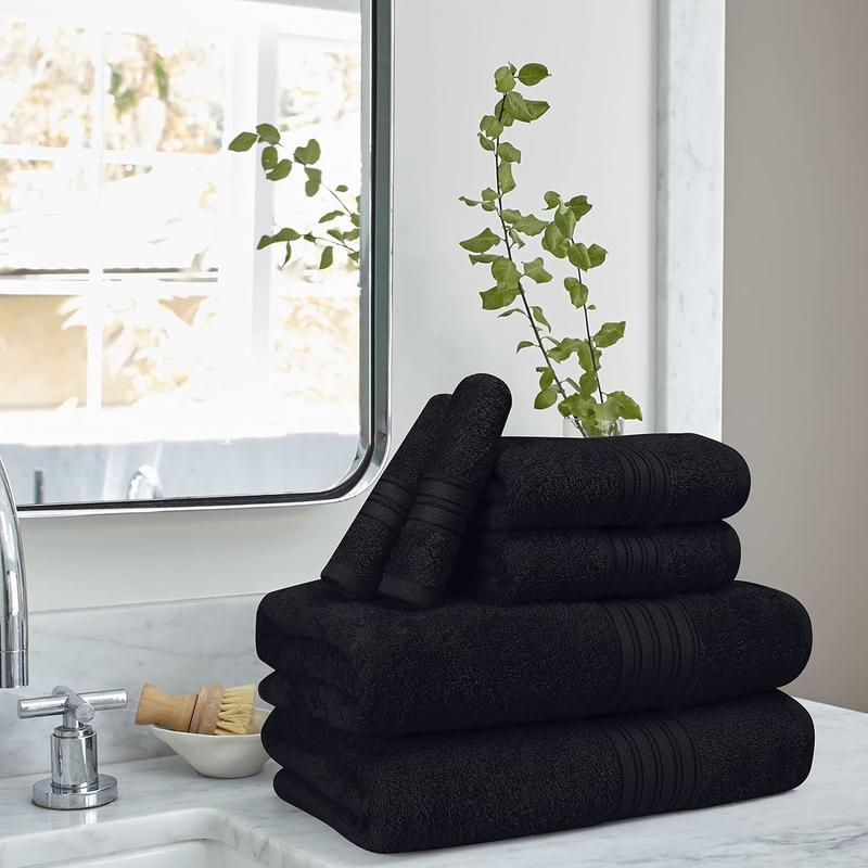 6 Pack Cotton Towel Set, Contains 2 Bath Towels 28x55 inch, 2 Hand Towels 16x24 inch & 2 Wash Coths 12x12 inch, Ideal Everyday use, Ultra Soft Compact & Lightweight - Black