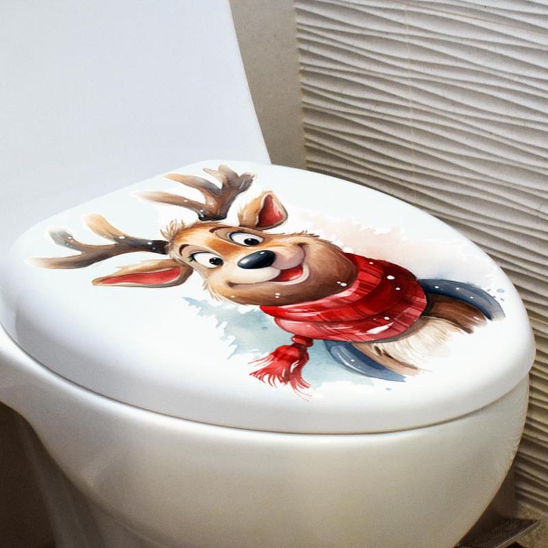 Cartoon Reindeer Pattern Toilet Lid Sticker, 1 Count Self Adhesive Toilet Lid Decal, Bathroom Decoration Supplies for Home Hotel Salon Dormitory