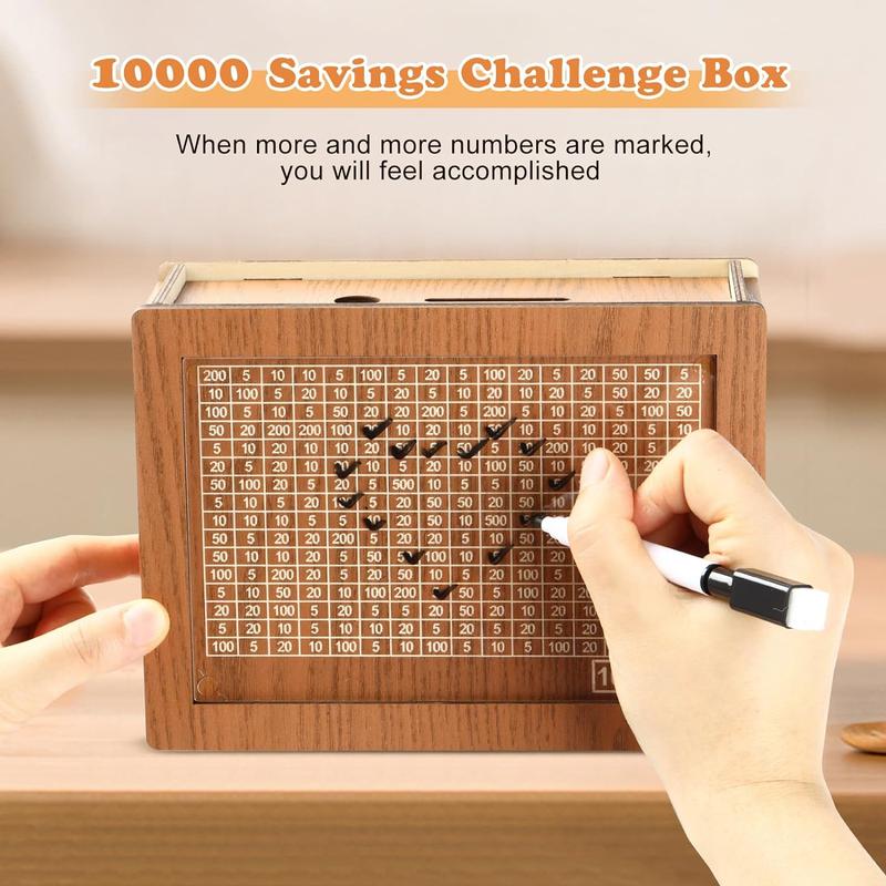 Piggy Bank, Saving Box, Wooden Cash Saving Box, Wooden Money Box with Money Target and Numbers, Savings Challenges Money Box