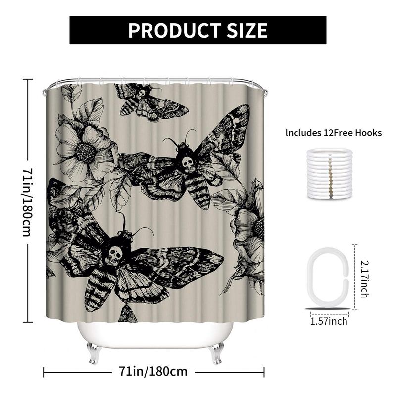 Gothic Skeleton Moth & Flower Pattern Shower Curtain, 1 Count Waterproof Bathroom Curtain with 12pcs Hooks, Bathroom Decor Supplies for Home Hotel Salon