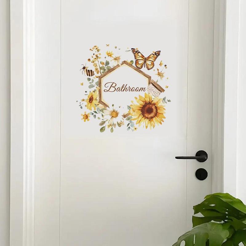 Floral & Butterfly Pattern Bathroom Door Sticker, Self-adhesive Wall Decal, Decorative Sticker for Home Bathroom Bedroom