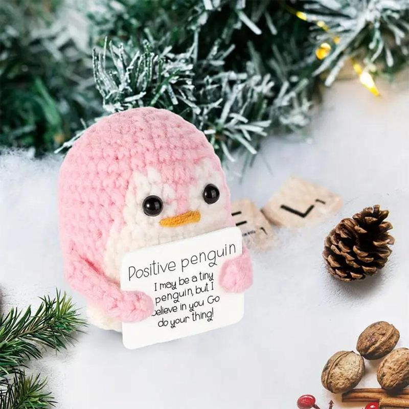 Cute Positive Penguin Crochet Kit, 2 Counts set Handmade Penguin Ornament with Positive Card, Home Decor for Living Room Bedroom Office