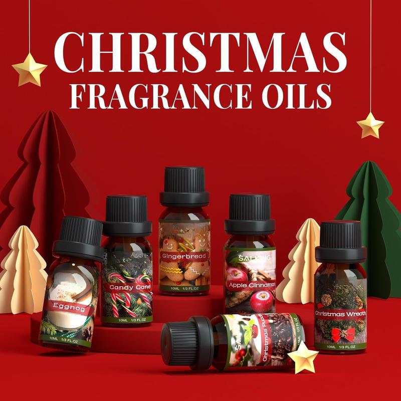 Christmas Fragrance Oils, Premium Essential Oil for Diffuser, Scented Oil Gift Set for Soap Candle Making - Christmas Wreath, Apple Cinnamon, Gingerbread, Candy Cane, Christmas Pudding, Eggnog