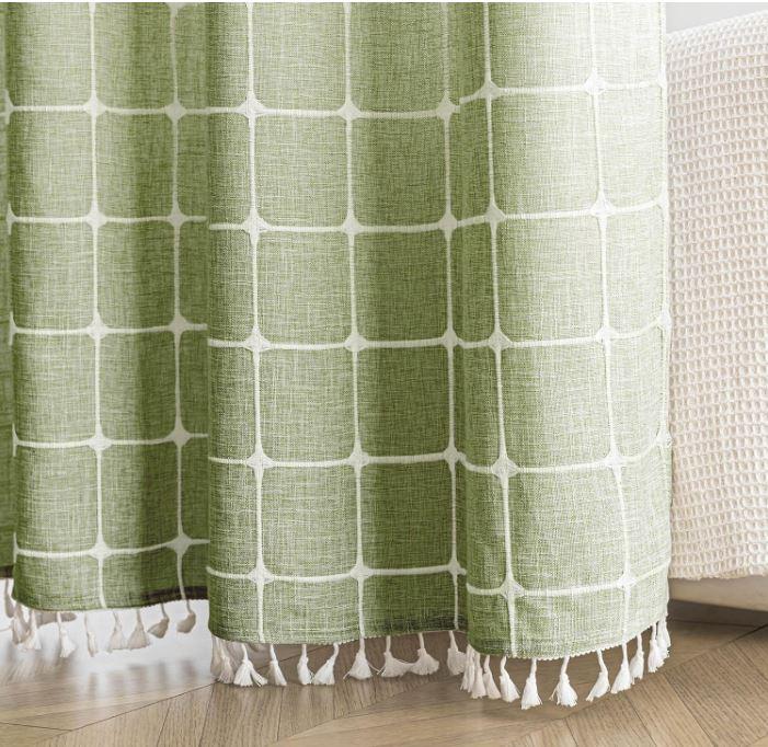 Sage Green Farmhouse Shower Curtain with Snap-in Liner, No Hooks Needed,with Magnets,with Tassels,Water Repellent&Machine Washable,71x74Inch