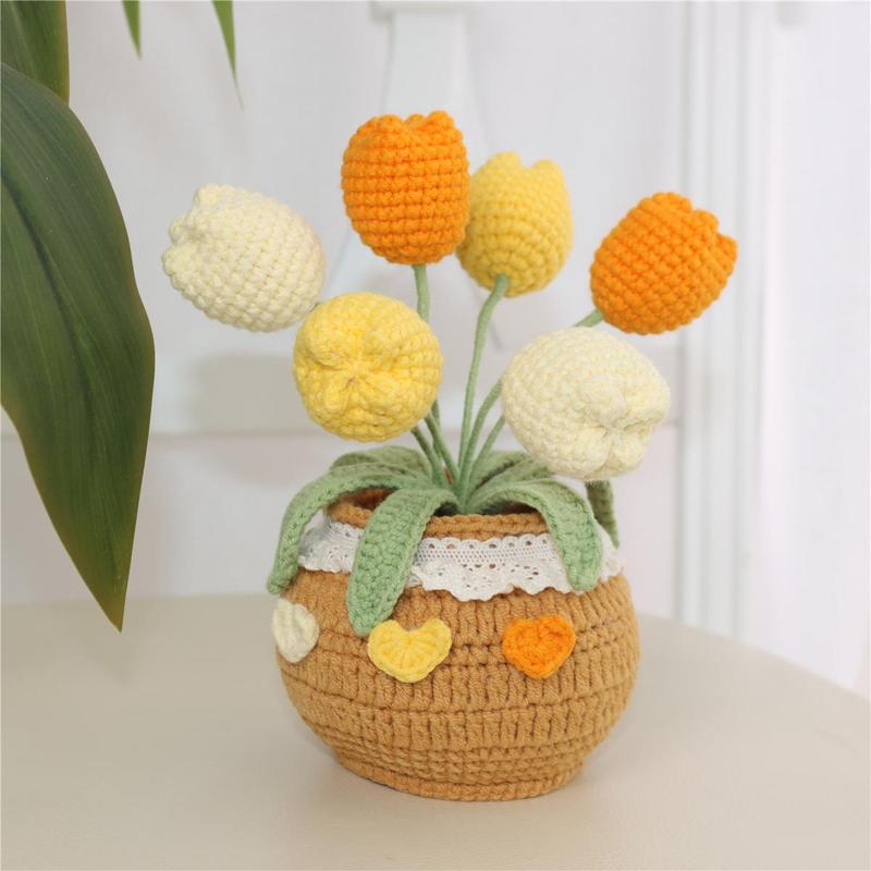 Room Decor Indoor Plants Handmade Crochet Tulip Potted Plant, 1 Count Knitting Tulip Potted Plant, Christmas 2024 Ornament, Tulips Artificial Crochet Bouquet Desktop Decoration for Home Office, Gift for Friend & Family