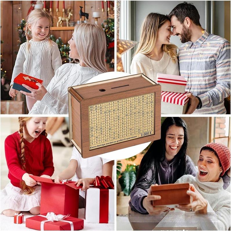 Money Saving Box for Cash & Coins, Portable Cash Storage Case with Reusable Erasable Acrylic Counting Panel, Cash Vault with $10000 Target Challenge, Wooden Bank Decor Ornaments, Christmas gift.