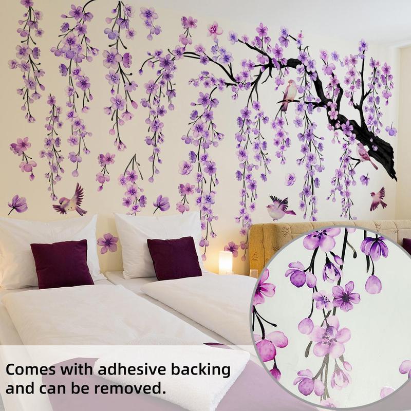 Peach Blossom Tree & Birds Pattern Wall Sticker, 4 Sheets set Flower Self Adhesive Wall Decal, Decorative Sticker for Home Living Room Bedroom