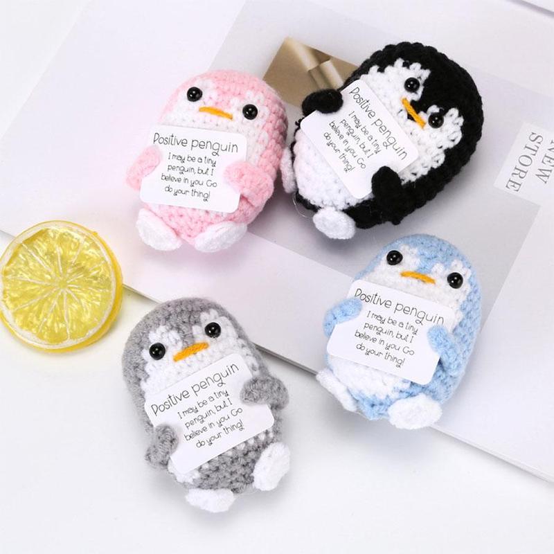 Cute Positive Penguin Crochet Kit, 2 Counts set Handmade Penguin Ornament with Positive Card, Home Decor for Living Room Bedroom Office